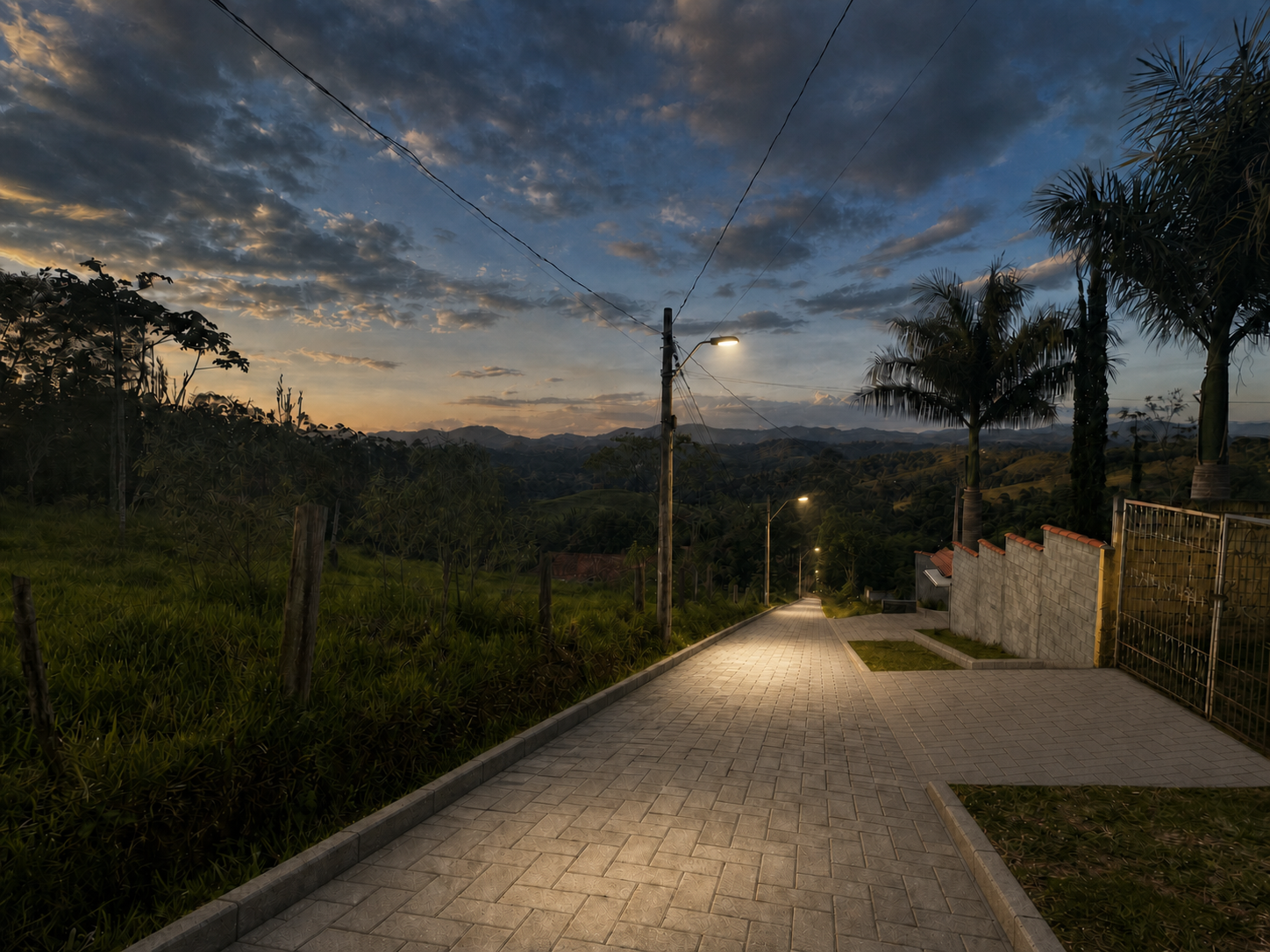 Simulação conceitual da rua pavimentada e com iluminação nos postes